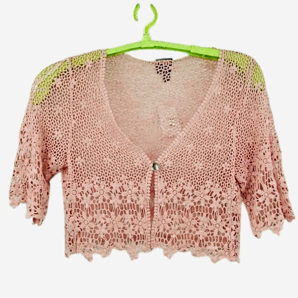 NWT Rabbit Rabbit Rabbit Designs Dusty Rose Crochet Shrug Cardigan Top M